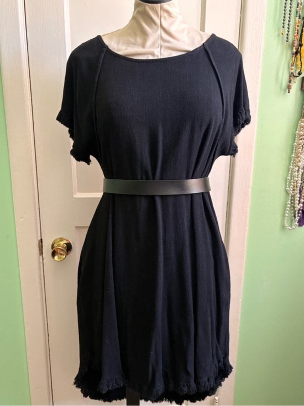 Umgee Black Short Sleeve Shift Dress with Frayed Trim